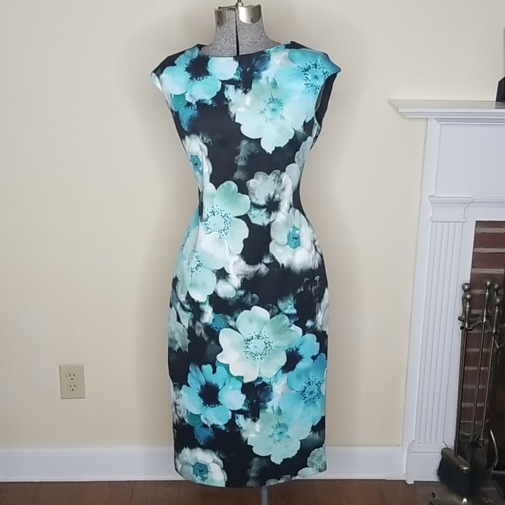 Maggy London Teal floral sheath dress- stretchy 10